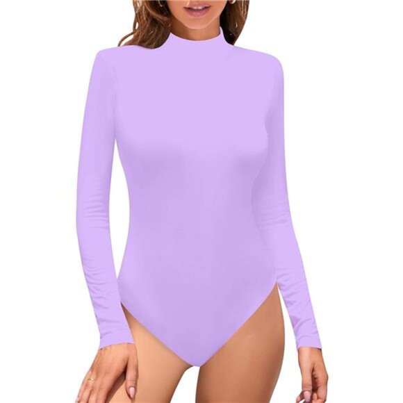 Tops - Women’s Mock Turtle Neck Bodysuit Slim Fit Violet